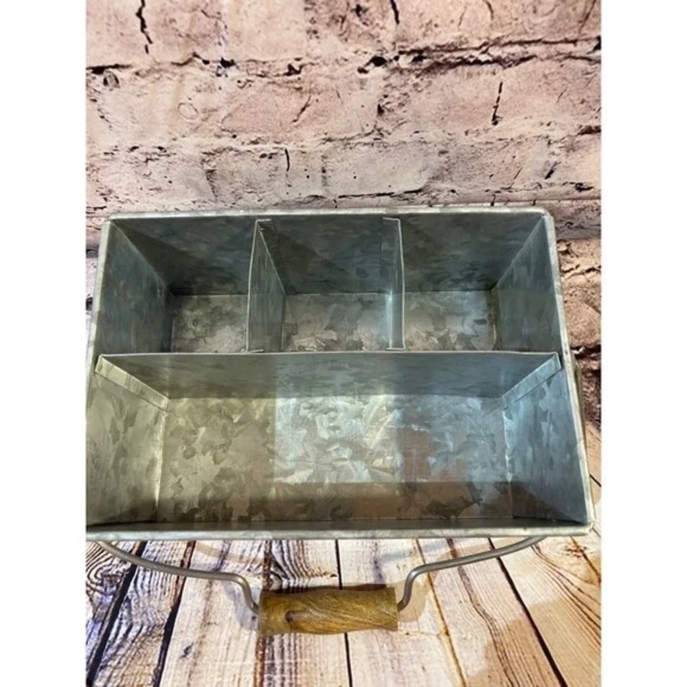 Galvanized Metal Caddy Organizer Wood Handle 3 Compartment‎ Rustic Farmhouse